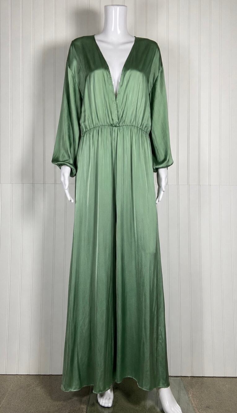 Zara Wide-Leg Gathered-Waist 3/4 Sleeves V-Neck Maxi Jumpsuit NEW SZ M  party